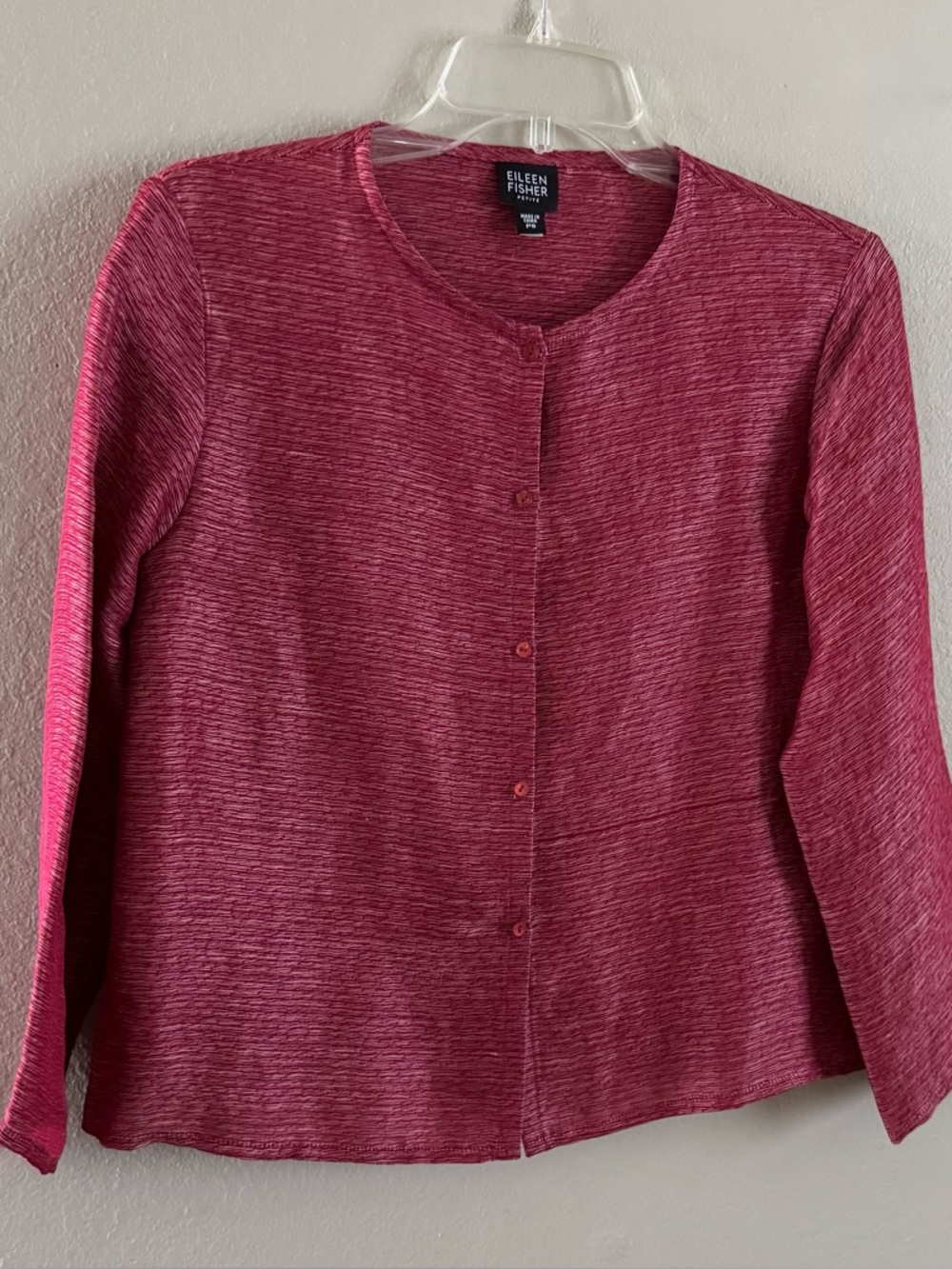 Eileen Fisher Women’s Petite Small Red Textured Button Front Cardigan Top Silk